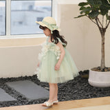 Kamames  Girls' Dress Summer Western Style Cute Baby Three-Dimensional Flower Princess Dress All-Match Ribbon Straw Hat Flower Skirt