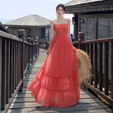 2025 hollow tube top dress women's summer seaside thin beach skirt vacation style photo waist big swing dress