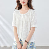 Cotton cocoon apricot embroidered shirt women's short sleeves  summer new small crew neck top pure cotton embroidered shirt