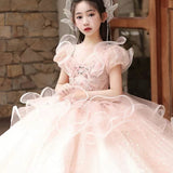 Kamames  Girl's Pink Dress Light Luxury Minority High-End Children Birthday Princess Dress Flower Girl Host Piano Competition Catwalk