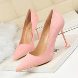 2025 1716-1 Korean version fashionable and sexy pedicure and thin high heels women's shoes thin heels high heels suede light mouth pointed single shoes