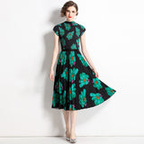 Spring and summer  new pleated suit women's short-sleeved printed T-shirt skirt fashion temperament two-piece set