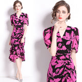 Temperament socialite printed short-sleeved dress women's popular summer new waist pleated ruffle edge medium and long dress