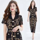 temperament light mature style dress women's summer single-breasted waist short-sleeved lace hollow sexy royal sister long dress