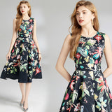 Spring and summer  women's round neck sleeveless vest pleated waist umbrella pendulum black background printed flower dress XL