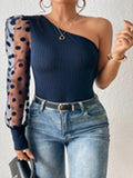 New women's clothing popular new slanted shoulder single-sleeved polka dot mesh stitching long-sleeved waist and thin women's top T