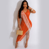 20252023 Cross-border supply New  women's clothing Sexy solid color knitted sleeveless slit fringed beach skirt