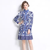 Court style dress women's popular new spring temperament stand-up collar breasted slim-fitting long niche printed dress skirt