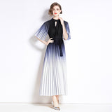 popular summer new pleated celebrity short-sleeved stand-up collar waist a word gradual change color dress elegant dress long dress