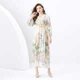 court dress women's sweet lace V-neck breasted slim-fitting long design printed dress
