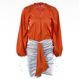 2025 Popular,  ins hot-selling  summer new suit women's sexy deep V long-sleeved onesie high waist hip skirt