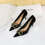 2025 7239-A1  fashion banquet women's shoes thin heel high heel shallow mouth pointed head large metal buckle single shoes high heels