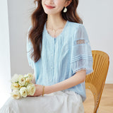 Cotton,  lace hollow short-sleeved shirt women's summer Popular style age-reducing short super good-looking top