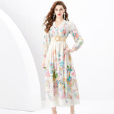 court dress women's sweet lace V-neck breasted slim-fitting long design printed dress