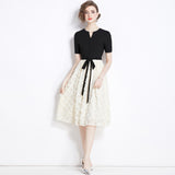 Celebrity temperament color matching fake two-piece three-dimensional flower nail drill pendulum dress women's summer popular new