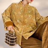 New Chinese style new satin flower embroidered shirt sequined gold high-end temperament top M3006