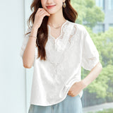 Cotton Cocoon V-Neck Positioning Embroidered Short Sleeve Shirt