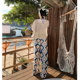 2025 Bohemian wide-leg pants women's summer blue plaid print split-ended drape trousers seaside wear pants beach culottes