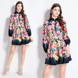 retro court style dress women's popular autumn new temperament waist and thin printed lantern sleeve skirt