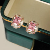 2025 Simple temperament versatile niche design earrings women's s925 silver needle earrings high-end super flash pink zircon stud earrings