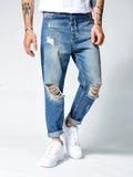 2025 2025 Express new denim men's pants New Popular trade straight trend, ripped blue slim jeans men
