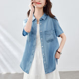 Cotton cocoon, Tencel sunscreen short-sleeved denim shirt women's summer  new commuter Korean version design top