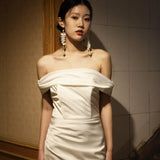 2025 One-word shoulder  light wedding dress satin simple temperament fishtail thin welcome trailing out dress small man