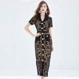 temperament light mature style dress women's summer single-breasted waist short-sleeved lace hollow sexy royal sister long dress