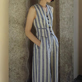 2025 spring and summer new linen vertical striped retro vacation suit high waist wide leg pants