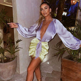 2025 Popular,  ins hot-selling  summer new suit women's sexy deep V long-sleeved onesie high waist hip skirt