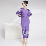 2025 High-quality women's clothing fashion dress women's spring and summer new printed bat sleeves to cover the belly and look thin and elegant long dress
