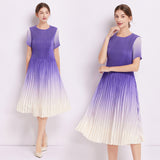 popular summer new product temperament round neck short sleeve printed dress waist pleated skirt