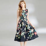 Spring and summer  women's round neck sleeveless vest pleated waist umbrella pendulum black background printed flower dress XL