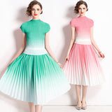 Pleated summer new fashion slim-fit shirt + printed pleated skirt two-piece set