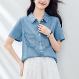 Cotton cocoon, Tencel sunscreen short-sleeved denim shirt women's summer  new commuter Korean version design top