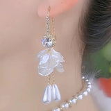 Super fairy zircon long flower pearl fringed earrings women's unique light luxury high sense fashion atmosphere elegant earrings