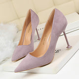 2025 1716-1 Korean version fashionable and sexy pedicure and thin high heels women's shoes thin heels high heels suede light mouth pointed single shoes