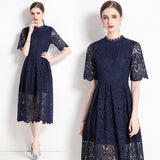 Temperament dress lace hollow  summer new thin waist cover belly small medium and long women's dress