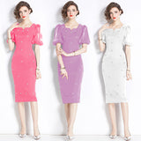 Haute Sense Heavy Industry Nail Drilled Feather Fringed Crew Neck Dress Women's Skinny Temperament Bubble Sleeve Dress Long Dress