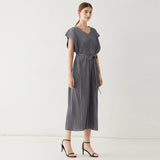 Pleated bag sleeve jumpsuit women's popular summer new belt straight wide-leg pants solid color slim-fit nine-point pants