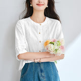 Cotton cocoon,  retro embroidered short-sleeved shirt women's summer gold buckle lantern sleeve design sense chic small shirt