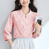 Cotton cocoon V-neck embroidered hollow seven-quarter sleeve shirt women's spring and summer  new pure cotton temperament simple top shirt