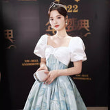 One-word shoulder blue evening dress skirt femininity art style light luxury niche New sense  host annual meeting
