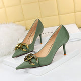2025 7239-A1  fashion banquet women's shoes thin heel high heel shallow mouth pointed head large metal buckle single shoes high heels