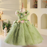 Kamames  Girls' Dress Green Elf Mori Style Flower Birthday Princess Dress Children's Host Catwalk Costume for Piano Performance Spring