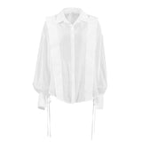 2025 Autumn and winter Russian white classic retro sexy commuting perspective temperament mesh loose long-sleeved lace-up shirt