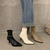 2025  Fashion high-heeled Martin boots  pointed bare boots retro spring and summer new brown short boots white thin women's boots