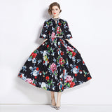 Popularan large-size women's clothing high-end printing heavy industry beaded pleated long dress pleated skirt temperament dress women