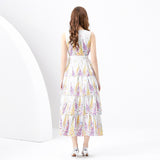 Women's Clothing Spring/Summer popular - Vacation Style V-Neck Lantern Sleeve Waving Edge Painted Mini Printed Cake Dress