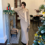 2025 popular autumn and winter new temperament bow knitted top + A-shaped half-length skirt two-piece set 25201